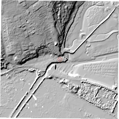 Shaded relief map of the ground around PO331YR, computed from Environment Agency LiDAR. The ground here sits at about 3 m above sea level and falls 38 m across the surrounding 800 m. Surface water reaching this point runs off ground lying to the north-west, 9.5 m higher.