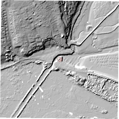 Shaded relief map of the ground around PO331YS, computed from Environment Agency LiDAR. The ground here sits at about 3 m above sea level and falls 36 m across the surrounding 800 m. Surface water reaching this point runs off ground lying to the east-south-east, 7.3 m higher.