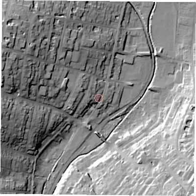 Shaded relief map of the ground around PO332BB, computed from Environment Agency LiDAR. The ground here sits at about 10 m above sea level and falls 40 m across the surrounding 800 m. Surface water reaching this point runs off ground lying to the west-north-west, 7.9 m higher.