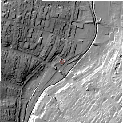 Shaded relief map of the ground around PO332BD, computed from Environment Agency LiDAR. The ground here sits at about 5 m above sea level and falls 43 m across the surrounding 800 m. Surface water reaching this point runs off ground lying to the north, 4.7 m higher.