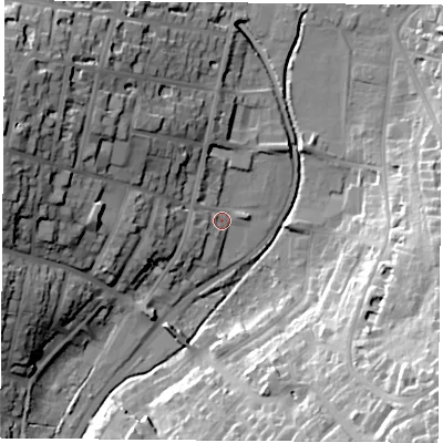 Shaded relief map of the ground around PO332BE, computed from Environment Agency LiDAR. The ground here sits at about 4 m above sea level and falls 43 m across the surrounding 800 m. Surface water reaching this point runs off ground lying to the west-south-west, 4.9 m higher.
