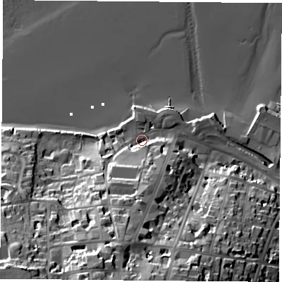 Shaded relief map of the ground around PO332DL, computed from Environment Agency LiDAR. The ground here sits at about 3 m above sea level and falls 41 m across the surrounding 800 m. Surface water reaching this point runs off ground lying to the south, 19.5 m higher.