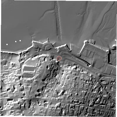 Shaded relief map of the ground around PO332DY, computed from Environment Agency LiDAR. The ground here sits at about 3 m above sea level and falls 42 m across the surrounding 800 m. Surface water reaching this point runs off ground lying to the south-west, 28.1 m higher.