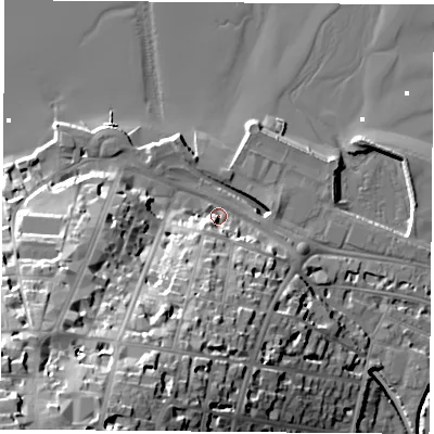 Shaded relief map of the ground around PO332DZ, computed from Environment Agency LiDAR. The ground here sits at about 5 m above sea level and falls 43 m across the surrounding 800 m. Surface water reaching this point runs off ground lying to the south-south-west, 26.6 m higher.
