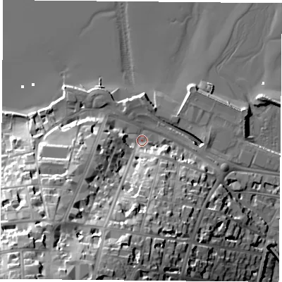 Shaded relief map of the ground around PO332EB, computed from Environment Agency LiDAR. The ground here sits at about 3 m above sea level and falls 43 m across the surrounding 800 m. Surface water reaching this point runs off ground lying to the south-west, 38.4 m higher.
