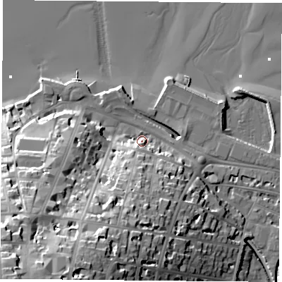 Shaded relief map of the ground around PO332EH, computed from Environment Agency LiDAR. The ground here sits at about 5 m above sea level and falls 44 m across the surrounding 800 m. Surface water reaching this point runs off ground lying to the south-south-west, 26.6 m higher.