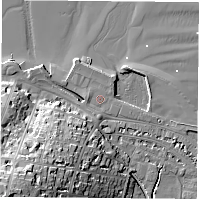 Shaded relief map of the ground around PO332EL, computed from Environment Agency LiDAR. The ground here sits at about 3 m above sea level and falls 40 m across the surrounding 800 m. Surface water reaching this point runs off ground lying to the south, 2.5 m higher.