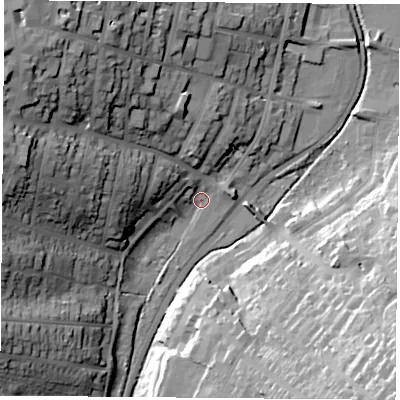 Shaded relief map of the ground around PO332FF, computed from Environment Agency LiDAR. The ground here sits at about 5 m above sea level and falls 45 m across the surrounding 800 m. Surface water reaching this point runs off ground lying to the north-west, 41.3 m higher.