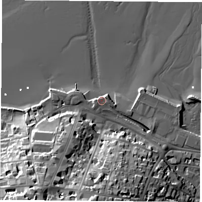 Shaded relief map of the ground around PO332HE, computed from Environment Agency LiDAR. The ground here sits at about 4 m above sea level and falls 37 m across the surrounding 800 m. Surface water reaching this point runs off ground lying to the west-south-west, 1.4 m higher.