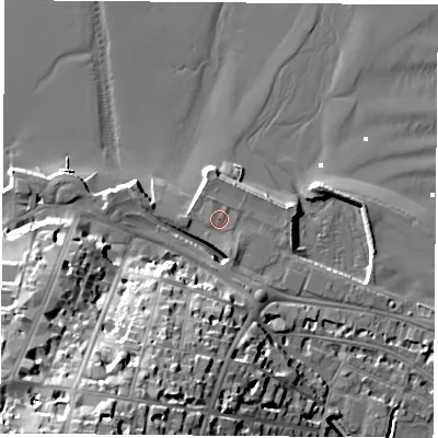 Shaded relief map of the ground around PO332HH, computed from Environment Agency LiDAR. The ground here sits at about 3 m above sea level and falls 36 m across the surrounding 800 m. Surface water reaching this point runs off ground lying to the south, 4.8 m higher.