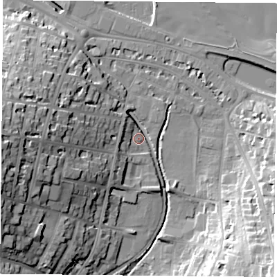 Shaded relief map of the ground around PO332HJ, computed from Environment Agency LiDAR. The ground here sits at about 3 m above sea level and falls 31 m across the surrounding 800 m. Surface water reaching this point runs off ground lying to the south-west, 7.9 m higher.