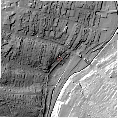 Shaded relief map of the ground around PO332RU, computed from Environment Agency LiDAR. The ground here sits at about 10 m above sea level and falls 47 m across the surrounding 800 m. Surface water reaching this point runs off ground lying to the west-north-west, 16.8 m higher.