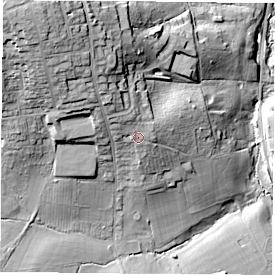 Shaded relief map of the ground around PO332UX, computed from Environment Agency LiDAR. The ground here sits at about 31 m above sea level and falls 52 m across the surrounding 800 m. Surface water reaching this point runs off ground lying to the north-west, 5.8 m higher.