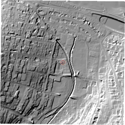 Shaded relief map of the ground around PO332XT, computed from Environment Agency LiDAR. The ground here sits at about 4 m above sea level and falls 36 m across the surrounding 800 m. Surface water reaching this point runs off ground lying to the west-south-west, 5.8 m higher.