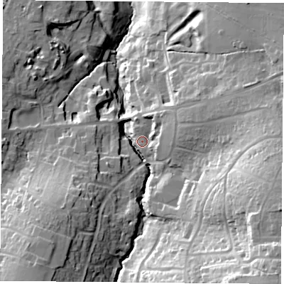 Shaded relief map of the ground around PO333BD, computed from Environment Agency LiDAR. The ground here sits at about 18 m above sea level and falls 46 m across the surrounding 800 m. Surface water reaching this point runs off ground lying to the south-east, 39.0 m higher.