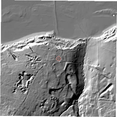 Shaded relief map of the ground around PO333SY, computed from Environment Agency LiDAR. The ground here sits at about 19 m above sea level and falls 35 m across the surrounding 800 m. Surface water reaching this point runs off ground lying to the south-west, 3.7 m higher.
