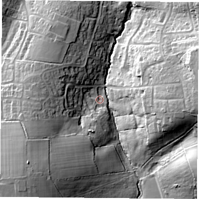 Shaded relief map of the ground around PO333TY, computed from Environment Agency LiDAR. The ground here sits at about 25 m above sea level and falls 39 m across the surrounding 800 m. Surface water reaching this point runs off ground lying to the south-west, 32.8 m higher.