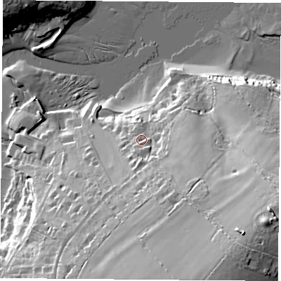 Shaded relief map of the ground around PO334EU, computed from Environment Agency LiDAR. The ground here sits at about 11 m above sea level and falls 41 m across the surrounding 800 m. Surface water reaching this point runs off ground lying to the south, 5.9 m higher.
