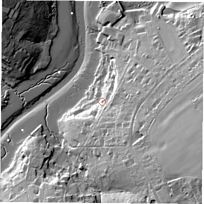 Shaded relief map of the ground around PO334EY, computed from Environment Agency LiDAR. The ground here sits at about 8 m above sea level and falls 41 m across the surrounding 800 m. Surface water reaching this point runs off ground lying to the south-east, 33.8 m higher.