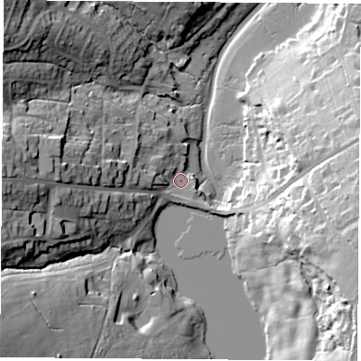 Shaded relief map of the ground around PO334HS, computed from Environment Agency LiDAR. The ground here sits at about 3 m above sea level and falls 32 m across the surrounding 800 m. Surface water reaching this point runs off ground lying to the west, 13.1 m higher.