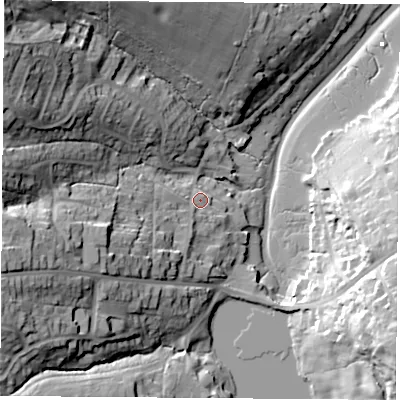 Shaded relief map of the ground around PO334HX, computed from Environment Agency LiDAR. The ground here sits at about 6 m above sea level and falls 39 m across the surrounding 800 m. Surface water reaching this point runs off ground lying to the west-south-west, 29.0 m higher.
