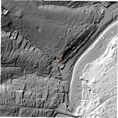 Shaded relief map of the ground around PO334HY, computed from Environment Agency LiDAR. The ground here sits at about 7 m above sea level and falls 45 m across the surrounding 800 m. Surface water reaching this point runs off ground lying to the north-north-west, 13.5 m higher.