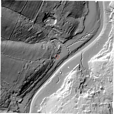 Shaded relief map of the ground around PO334HZ, computed from Environment Agency LiDAR. The ground here sits at about 0 m above sea level and falls 39 m across the surrounding 800 m. Surface water reaching this point runs off ground lying to the west, 26.4 m higher.