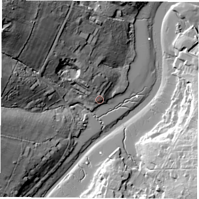 Shaded relief map of the ground around PO334JN, computed from Environment Agency LiDAR. The ground here sits at about 5 m above sea level and falls 47 m across the surrounding 800 m. Surface water reaching this point runs off ground lying to the north, 6.3 m higher.