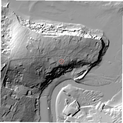 Shaded relief map of the ground around PO334JR, computed from Environment Agency LiDAR. The ground here sits at about 14 m above sea level and falls 32 m across the surrounding 800 m. Surface water reaching this point runs off ground lying to the west-north-west, 9.8 m higher.