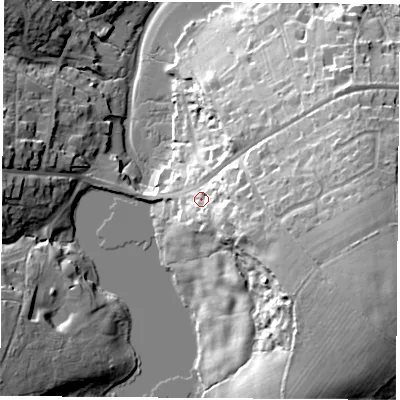 Shaded relief map of the ground around PO334LA, computed from Environment Agency LiDAR. The ground here sits at about 11 m above sea level and falls 37 m across the surrounding 800 m. Surface water reaching this point runs off ground lying to the east-south-east, 16.8 m higher.