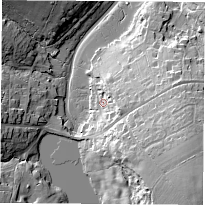 Shaded relief map of the ground around PO334LB, computed from Environment Agency LiDAR. The ground here sits at about 6 m above sea level and falls 37 m across the surrounding 800 m. Surface water reaching this point runs off ground lying to the east, 16.8 m higher.