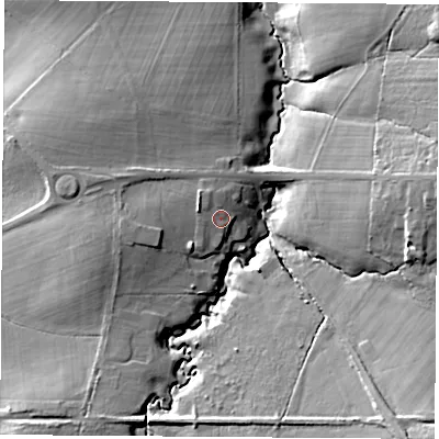Shaded relief map of the ground around PO334NS, computed from Environment Agency LiDAR. The ground here sits at about 18 m above sea level and falls 25 m across the surrounding 800 m. Surface water reaching this point runs off ground lying to the west-north-west, 3.0 m higher.