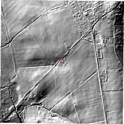 Shaded relief map of the ground around PO334RN, computed from Environment Agency LiDAR. The ground here sits at about 41 m above sea level and falls 33 m across the surrounding 800 m. Surface water reaching this point runs off ground lying to the east, 11.1 m higher.