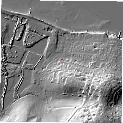 Shaded relief map of the ground around PO345AE, computed from Environment Agency LiDAR. The ground here sits at about 4 m above sea level and falls 42 m across the surrounding 800 m. Surface water reaching this point runs off ground lying to the south-east, 16.8 m higher.
