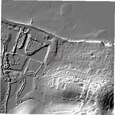 Shaded relief map of the ground around PO345AF, computed from Environment Agency LiDAR. The ground here sits at about 2 m above sea level and falls 36 m across the surrounding 800 m. Surface water reaching this point runs off ground lying to the south-east, 29.0 m higher.