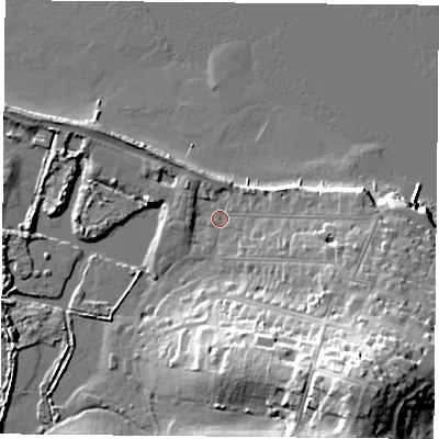 Shaded relief map of the ground around PO345AH, computed from Environment Agency LiDAR. The ground here sits at about 2 m above sea level and falls 33 m across the surrounding 800 m. Surface water reaching this point runs off ground lying to the east-south-east, 9.4 m higher.