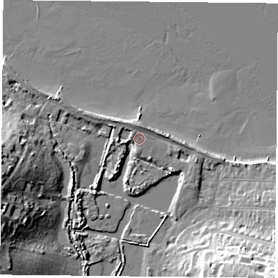 Shaded relief map of the ground around PO345AJ, computed from Environment Agency LiDAR. The ground here sits at about 2 m above sea level and falls 25 m across the surrounding 800 m. Surface water reaching this point runs off ground lying to the west-south-west, 17.8 m higher.