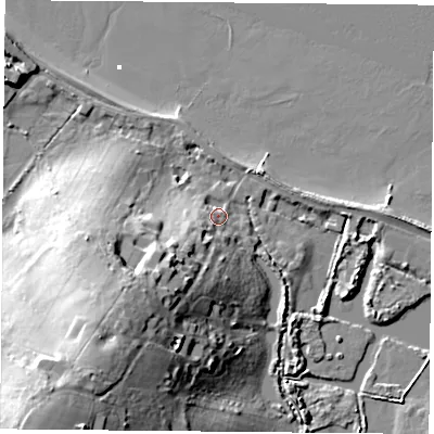 Shaded relief map of the ground around PO345AL, computed from Environment Agency LiDAR. The ground here sits at about 5 m above sea level and falls 35 m across the surrounding 800 m. Surface water reaching this point runs off ground lying to the south-west, 13.3 m higher.