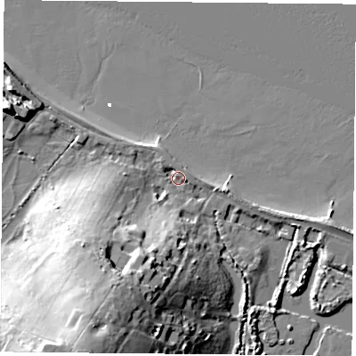Shaded relief map of the ground around PO345AN, computed from Environment Agency LiDAR. The ground here sits at about 3 m above sea level and falls 31 m across the surrounding 800 m. Surface water reaching this point runs off ground lying to the south-south-west, 27.1 m higher.