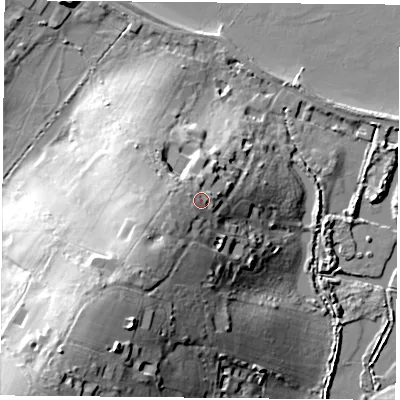 Shaded relief map of the ground around PO345AP, computed from Environment Agency LiDAR. The ground here sits at about 20 m above sea level and falls 38 m across the surrounding 800 m. Surface water reaching this point runs off ground lying to the south-west, 11.6 m higher.