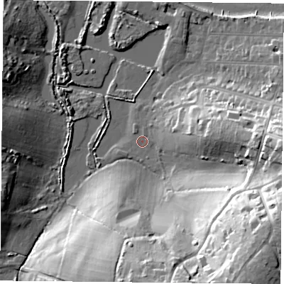 Shaded relief map of the ground around PO345AQ, computed from Environment Agency LiDAR. The ground here sits at about 2 m above sea level and falls 42 m across the surrounding 800 m. Surface water reaching this point runs off ground lying to the south-east, 39.5 m higher.