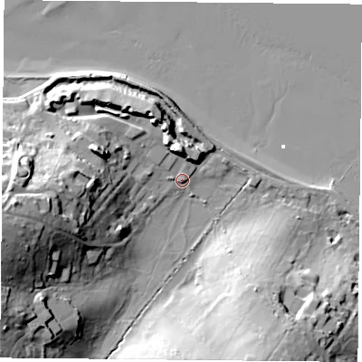 Shaded relief map of the ground around PO345AR, computed from Environment Agency LiDAR. The ground here sits at about 4 m above sea level and falls 34 m across the surrounding 800 m. Surface water reaching this point runs off ground lying to the west, 28.1 m higher.