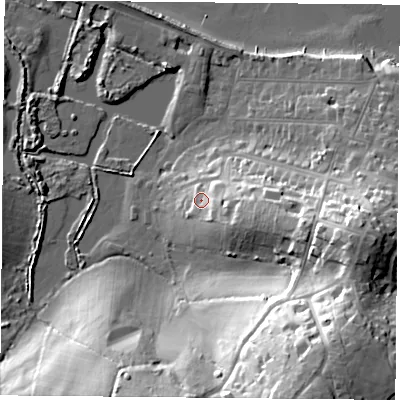 Shaded relief map of the ground around PO345AS, computed from Environment Agency LiDAR. The ground here sits at about 9 m above sea level and falls 43 m across the surrounding 800 m. Surface water reaching this point runs off ground lying to the east-south-east, 10.2 m higher.