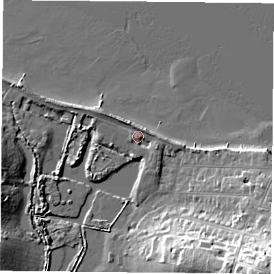 Shaded relief map of the ground around PO345AU, computed from Environment Agency LiDAR. The ground here sits at about 3 m above sea level and falls 32 m across the surrounding 800 m. Surface water reaching this point runs off ground lying to the east-north-east, 2.6 m higher.