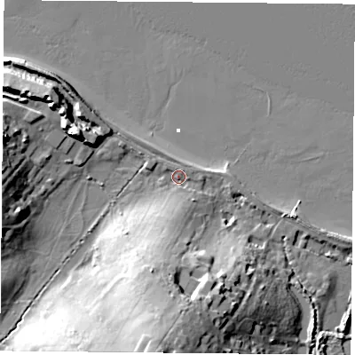 Shaded relief map of the ground around PO345AW, computed from Environment Agency LiDAR. The ground here sits at about 3 m above sea level and falls 27 m across the surrounding 800 m. Surface water reaching this point runs off ground lying to the south, 23.6 m higher.