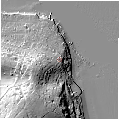 Shaded relief map of the ground around PO345BL, computed from Environment Agency LiDAR. The ground here sits at about 17 m above sea level and falls 43 m across the surrounding 800 m. Surface water reaching this point runs off ground lying to the west-south-west, 12.5 m higher.