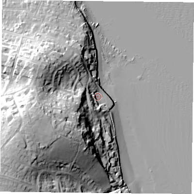 Shaded relief map of the ground around PO345BP, computed from Environment Agency LiDAR. The ground here sits at about 5 m above sea level and falls 44 m across the surrounding 800 m. Surface water reaching this point runs off ground lying to the south-west, 35.0 m higher.