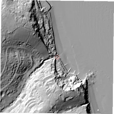 Shaded relief map of the ground around PO345BW, computed from Environment Agency LiDAR. The ground here sits at about 3 m above sea level and falls 43 m across the surrounding 800 m. Surface water reaching this point runs off ground lying to the south-south-west, 40.7 m higher.