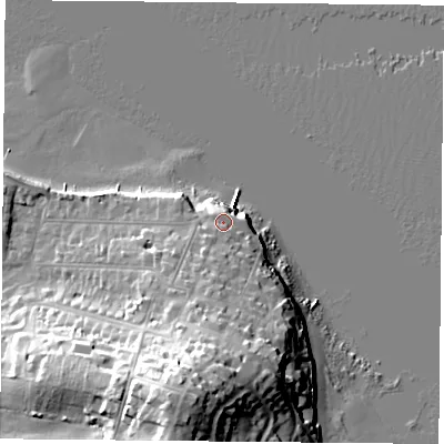 Shaded relief map of the ground around PO345HB, computed from Environment Agency LiDAR. The ground here sits at about 6 m above sea level and falls 33 m across the surrounding 800 m. Surface water reaching this point runs off ground lying to the south, 23.1 m higher.