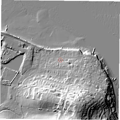 Shaded relief map of the ground around PO345HE, computed from Environment Agency LiDAR. The ground here sits at about 5 m above sea level and falls 33 m across the surrounding 800 m. Surface water reaching this point runs off ground lying to the south-east, 6.5 m higher.